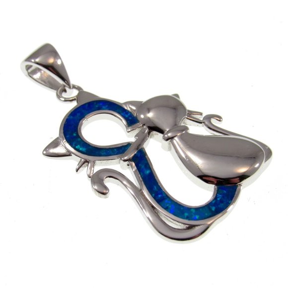 Solid 925 Sterling Silver and Lab Created Blue or White Opal Twin Cats Pendant - Picture 8 of 10